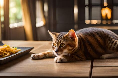 Premium AI Image | a cat laying on a table with a book on the table.