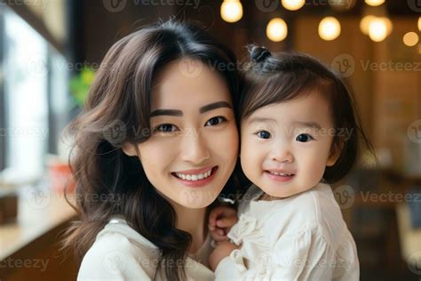 AI generated Happy Asian mom holding her daughter playing together at