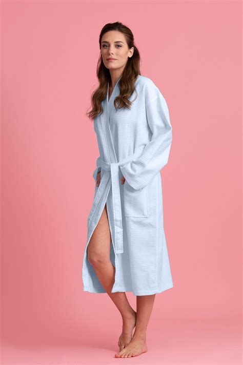 Luxurious 100% Cotton Women's Waffle Robe. Long, Lightweight Light Blu