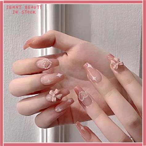 【Free Glue】24pcs Fake Nails Set Charm Design Ballet Fake Nails Wearable Bow Decal Rhinestone ...