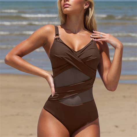 Aobny Retro Women's One-Piece Swimsuits Brown Sheer Tan Through