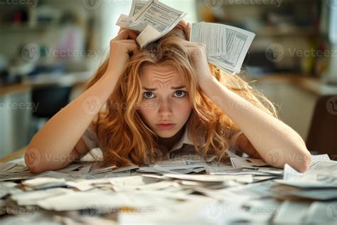 Stressed Young Woman Overwhelmed with Bills Represents Financial