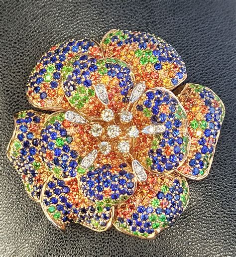 18 Karat Rose Multi-Color Blue and Orange Sapphire 3 in 1 Brooch Ring