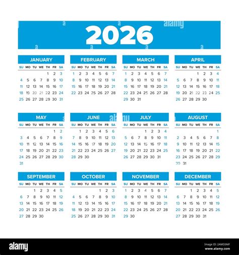 Simple Vector Calendar 2026. Weeks start on Sunday Stock Vector Image ...