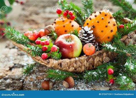 Christmas fruit basket stock photo. Image of decoration - 27247124