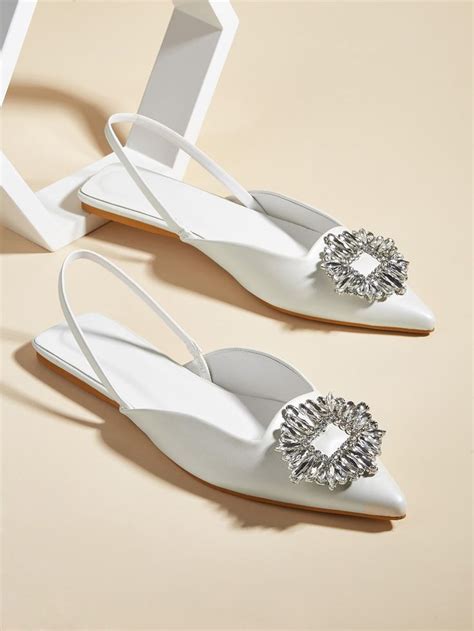 Rhinestone Detail White Slingback Flats