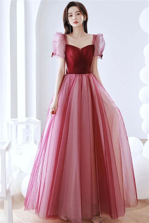 Burgundy Tulle Long Prom Dress, A-Line Short Sleeve Formal Evening Dre