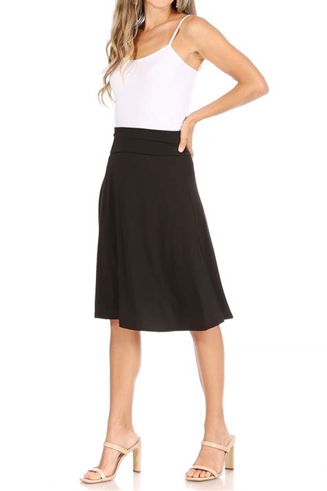 Women's Casual Solid Knee Length Flare A-line Skirt with Elastic