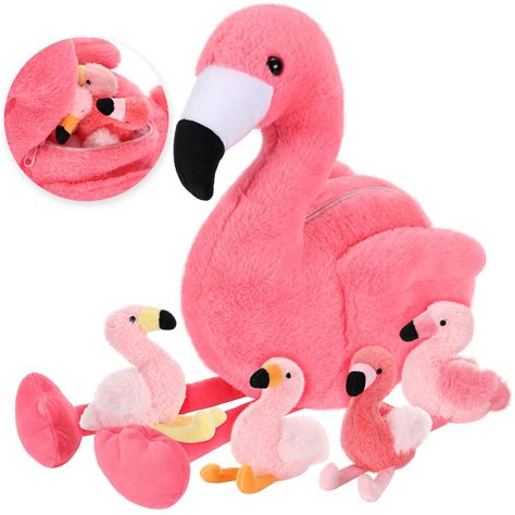 18 Inches Stuffed Animal Tummy Carrier with 4 Little Plush Flamingo