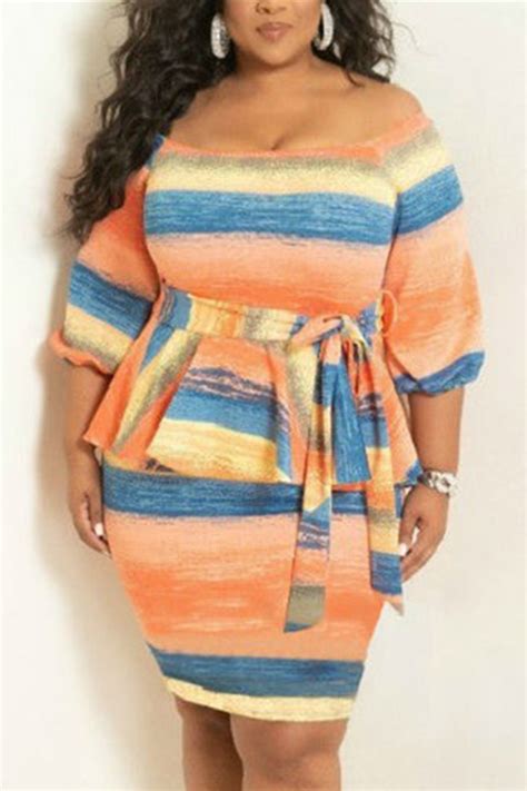 Fashion Striped Printed Orange Plus Size Dress