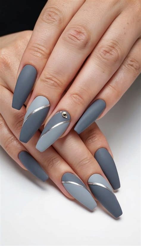 Matte Charcoal Grey with Silver Foil - matte charcoal grey nails silver foil minimalist