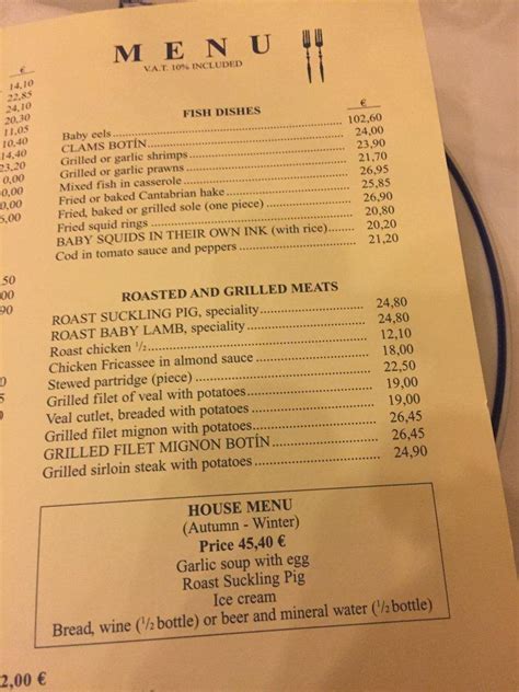 Menu at Sobrino de Botín steakhouse, Madrid, C. de Cuchilleros