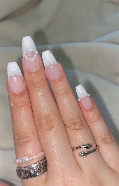 nude nail inspo | Pearl nails, Oval nails french, White tip nails