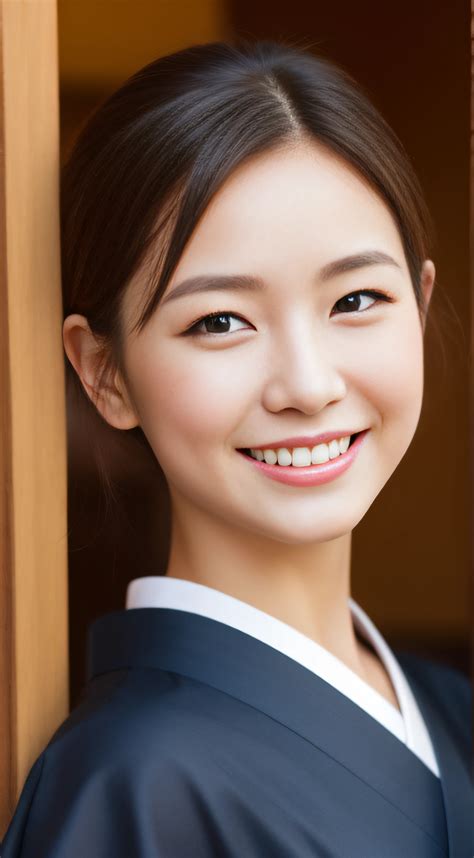 女主人の魅力的な顔、日本の着物、高品質、超現実的な、健康、笑顔の表情、細身の完璧な体型、日本の美人、 完璧な目美しい肌、上半身、神社仏閣