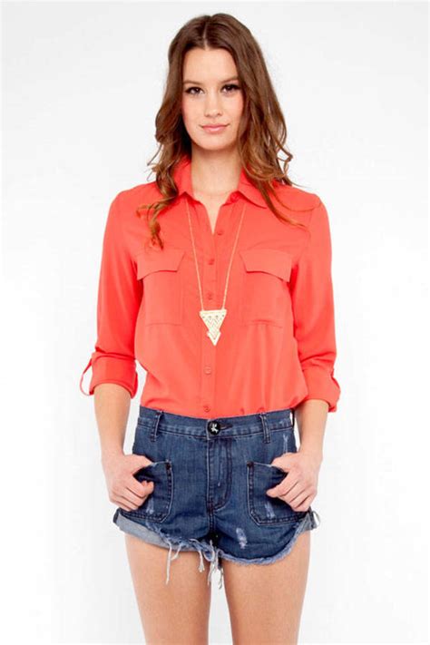 Push My Buttons Shirt in Coral - $48 | Tobi US