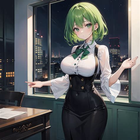 Anime girl in a black and white outfit standing in front of a window