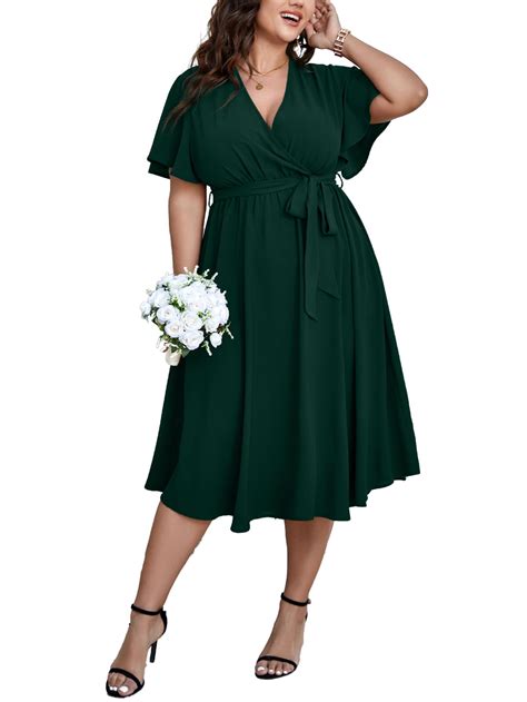 Womens Plus Size Wedding Guest Cocktail Midi Dress Summer Short Sleeve