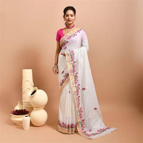 kerala cotton saree  hand embroidery  stotra brown living
