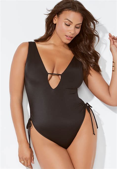Flattering A-List Plunge One Piece Swimsuit, Black | Swimsuits For All