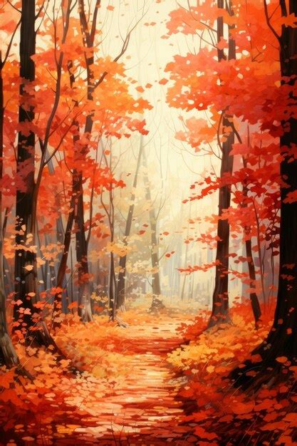 Autumn forest landscape with path and falling leaves Digital painting | Premium AI-generated image