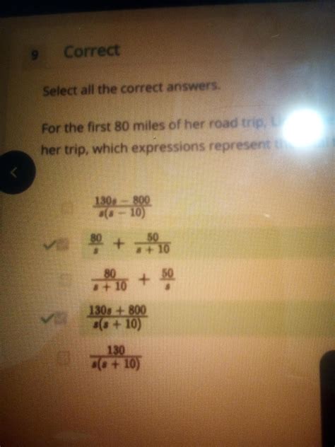 select all the correct answers. for the first 80 miles of her road trip