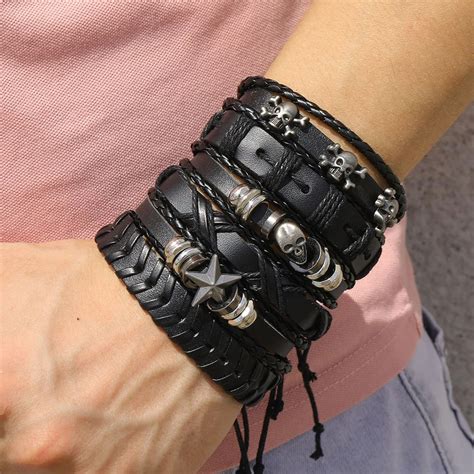 black spiked leather bracelet  set  men  women punk rock