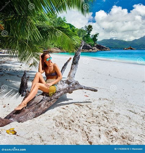 Woman on Beach at Seychelles Stock Photo - Image of holiday, sunglasses