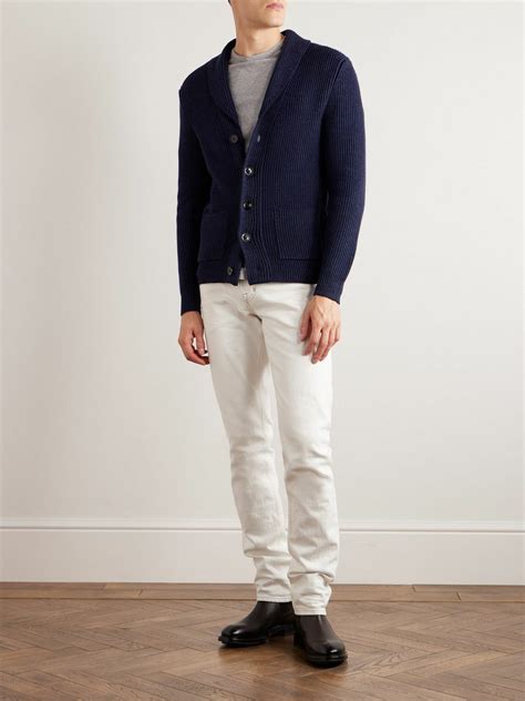 TOM FORD - Shawl-Collar Ribbed Wool and Silk-Blend Cardigan - Blue TOM FORD