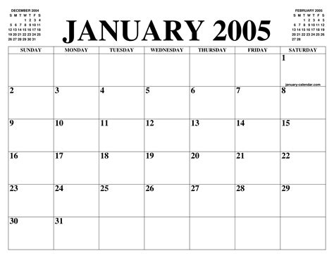 JANUARY 2005 CALENDAR OF THE MONTH: FREE PRINTABLE JANUARY CALENDAR OF ...