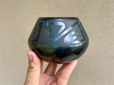 Two Small Vintage New Mexico Pueblo Black Pottery Pieces, Etched Pot