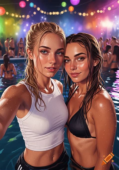 Two young women take a wet selfie at a vibrant night pool party, one in