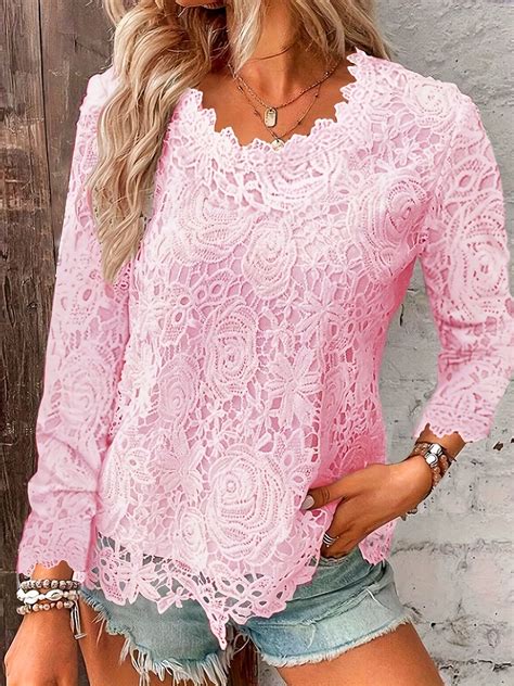 Cutout Floral Lace Crew Neck Blouse, Elegant Long Sleeve Blouse For