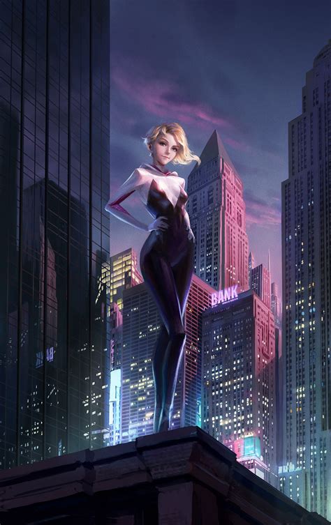 a woman standing on top of a roof in front of some tall buildings at night