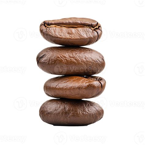 Stack of roasted coffee beans on transparent background, symbolizing