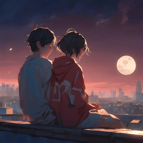 Premium AI Image | Japanese Anime Boy and Girl Dreamy Night on a Rooftop with Surreal Moon