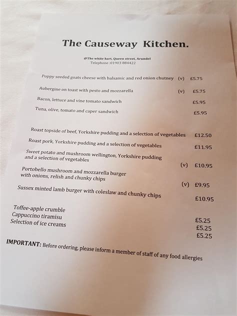 Menu at The Causeway Kitchen restaurant, Arundel