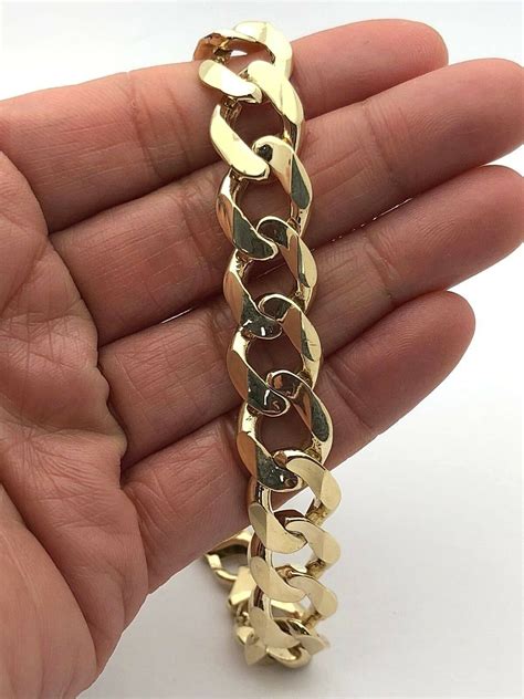 Mens 14k Solid Yellow Gold Flat Cuban Link Chain Bracelet 9.25 12.5mm ...