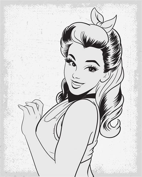 Premium Vector | Line art vector drawing of a beautiful retro pinup girl