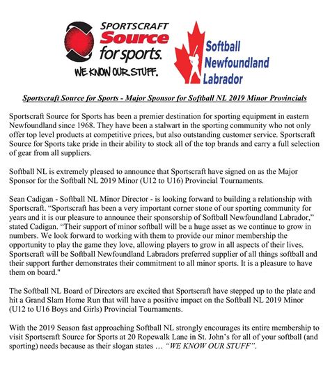 Sportscraft – Sponsorship Announcement | Softball NL