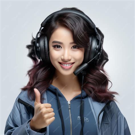 Premium AI Image | cute asian Call center woman showing thumbs up