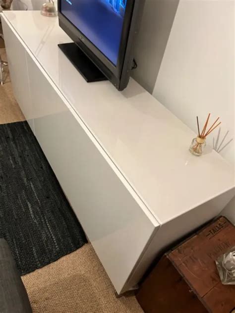 IKEA MODERN HIGH gloss tv cabinet unit stand white glass cover top £150 ...