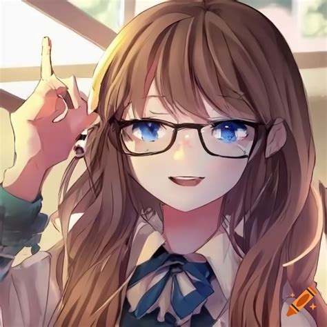 Anime Girl With Brown Hair And Blue Eyes And Glasses