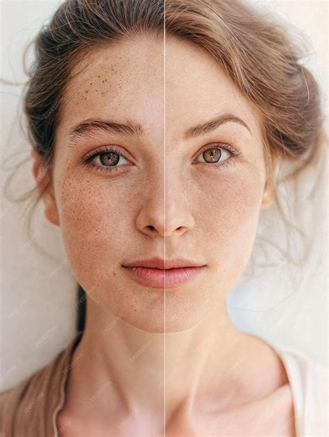 Split face of woman Comparison between different skin types and hair