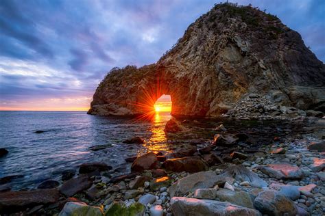 sangamon, Japan, Sea, Beach, Rock, Arches, Sun, Rays, Sunset, Sky