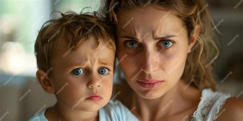Uma mãe branca e seu filho jovem exibem medo e ansiedade Conceito ...