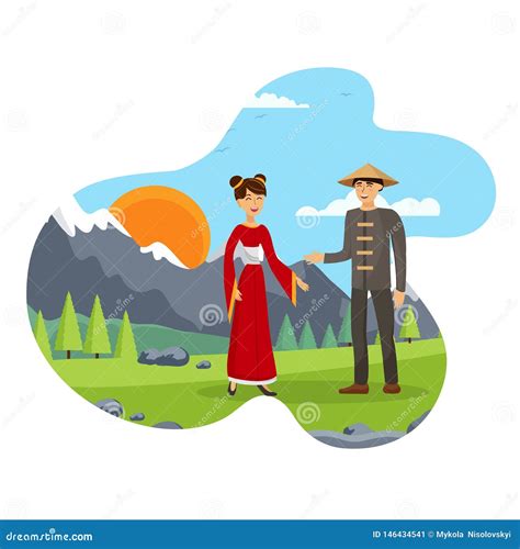 Husband and Wife, Chinese Couple Flat Illustration Stock Vector