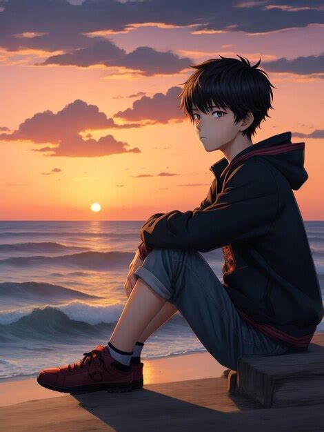 Premium AI Image | Artistic image of Boy anime on the beach watching sunset