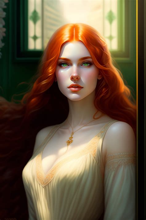 Lexica - Red hair young woman, pale skin, white skin, green eyes