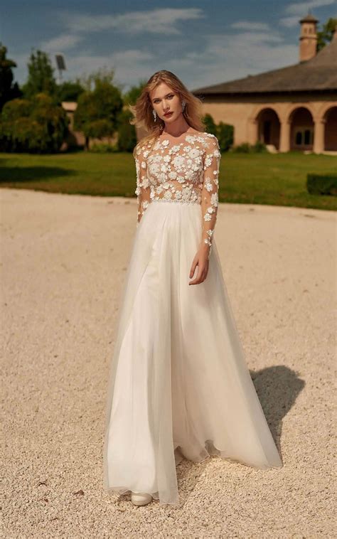 Beautiful Floral Boho Wedding Dress, Long Sleeves A-line Wedding Dress