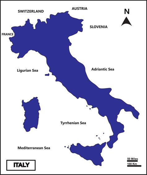 Map of Italy with blue country color and white background and countries